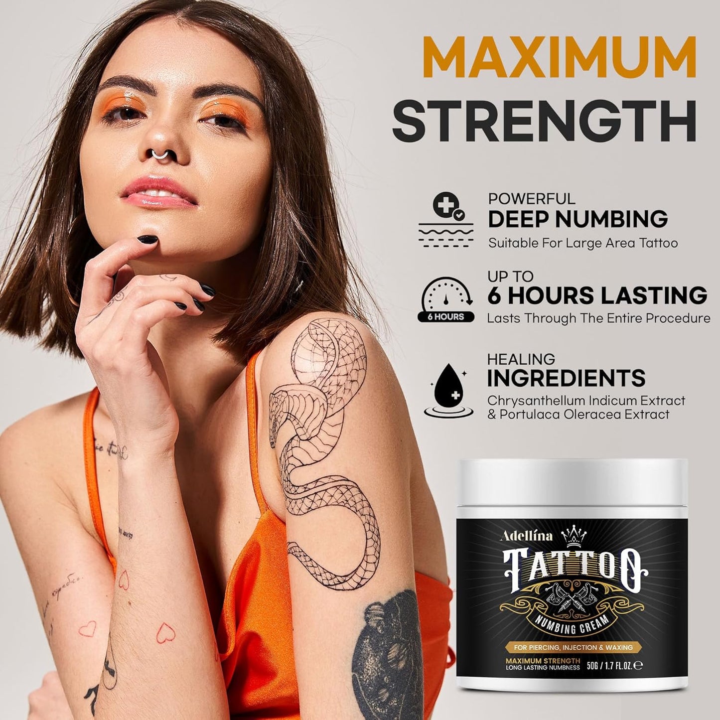 Adellina Tattoo Numbing Cream Maximum Strength: 6 Hours Painless (50g/1.7fl.oz)