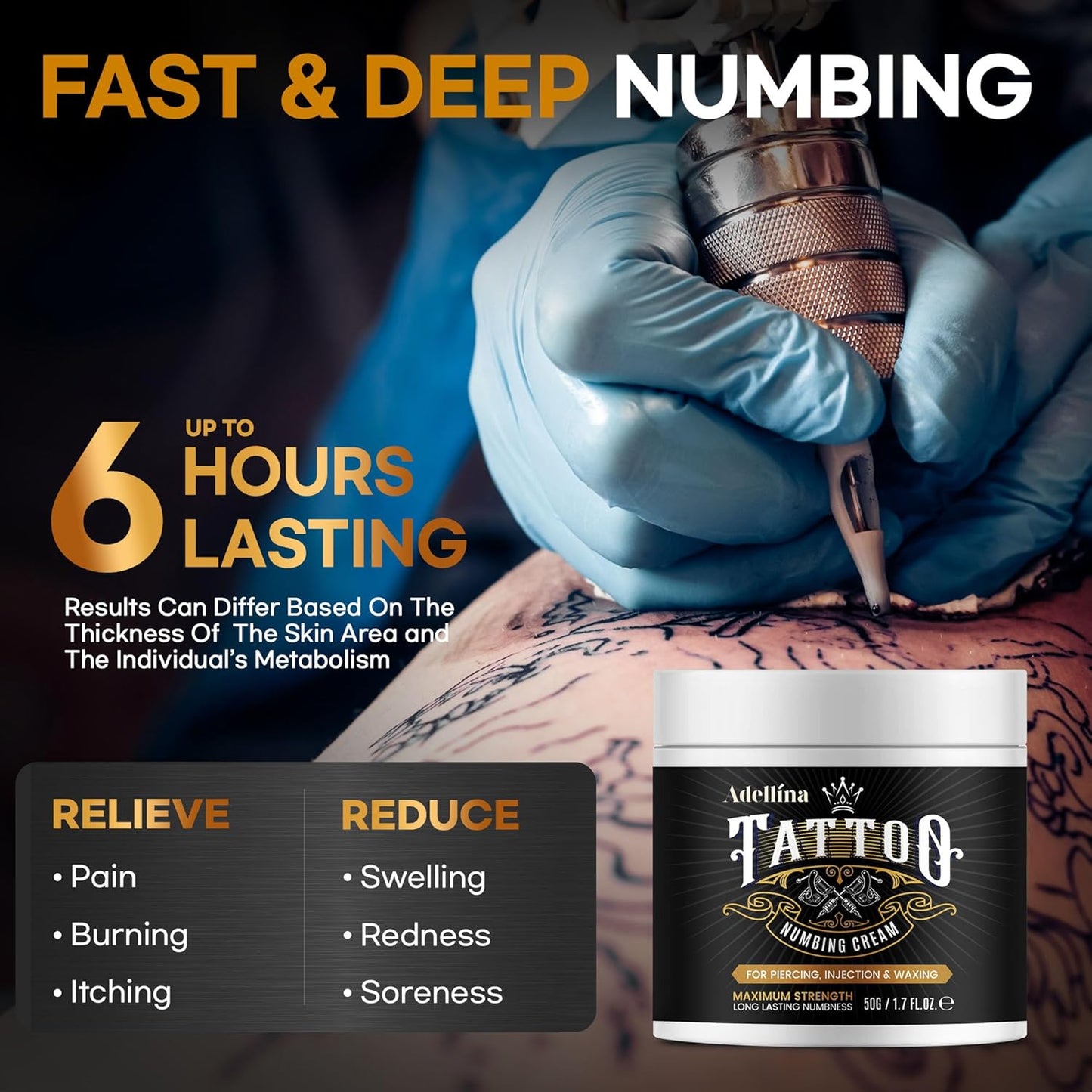 Adellina Tattoo Numbing Cream Maximum Strength: 6 Hours Painless (50g/1.7fl.oz)