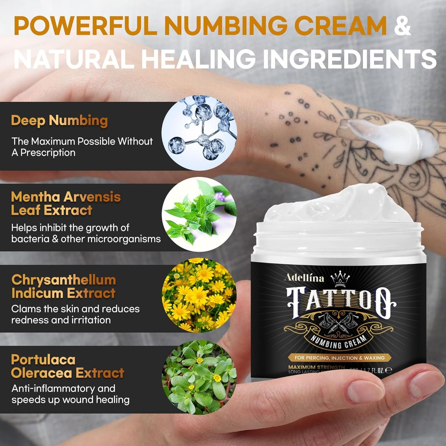 Adellina Tattoo Numbing Cream Maximum Strength: 6 Hours Painless (50g/1.7fl.oz)