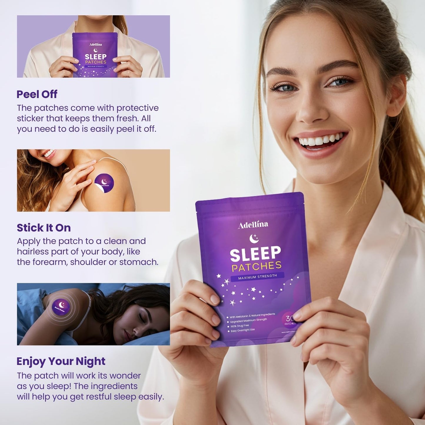 Sleep Patches for Adults Extra Strength: Easy-to-Apply Sleep Patch with Melatonin & Valerian 30 Patches (Purple)