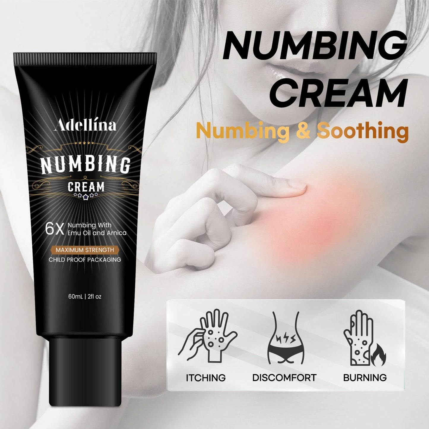 Adellina Tattoo Numbing Cream Maximum Strength: Long Lasting Extra Relief with Arnica and Emu Oil 2 oz