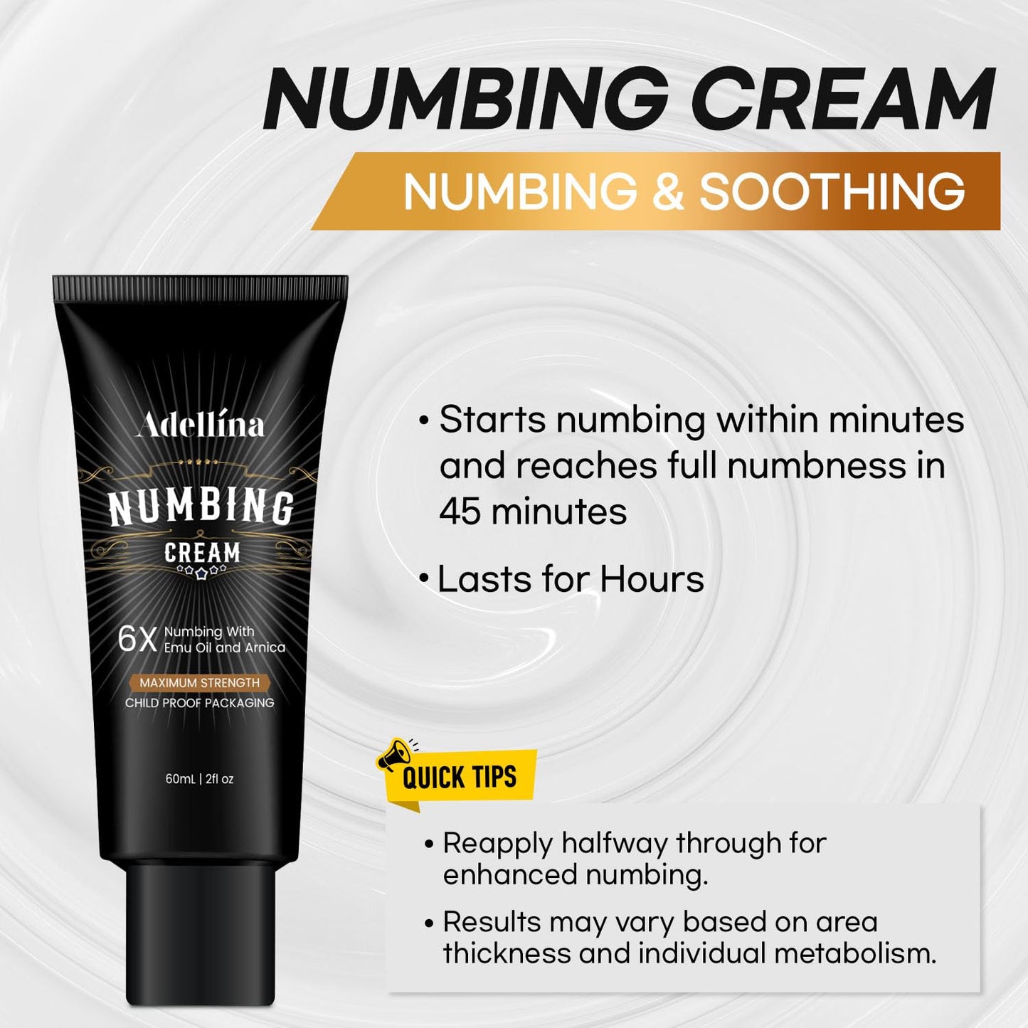 Adellina Tattoo Numbing Cream Maximum Strength: Long Lasting Extra Relief with Arnica and Emu Oil 2 oz