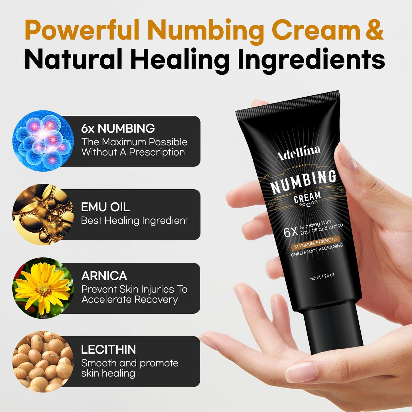 Adellina Tattoo Numbing Cream Maximum Strength: Long Lasting Extra Relief with Arnica and Emu Oil 2 oz