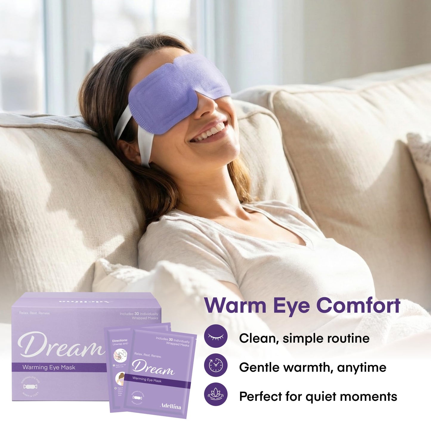 Steam Eye Mask for Dry Eyes – Self Heating Eye Mask for Sleep & Relaxation (30 Pack) | Adellina